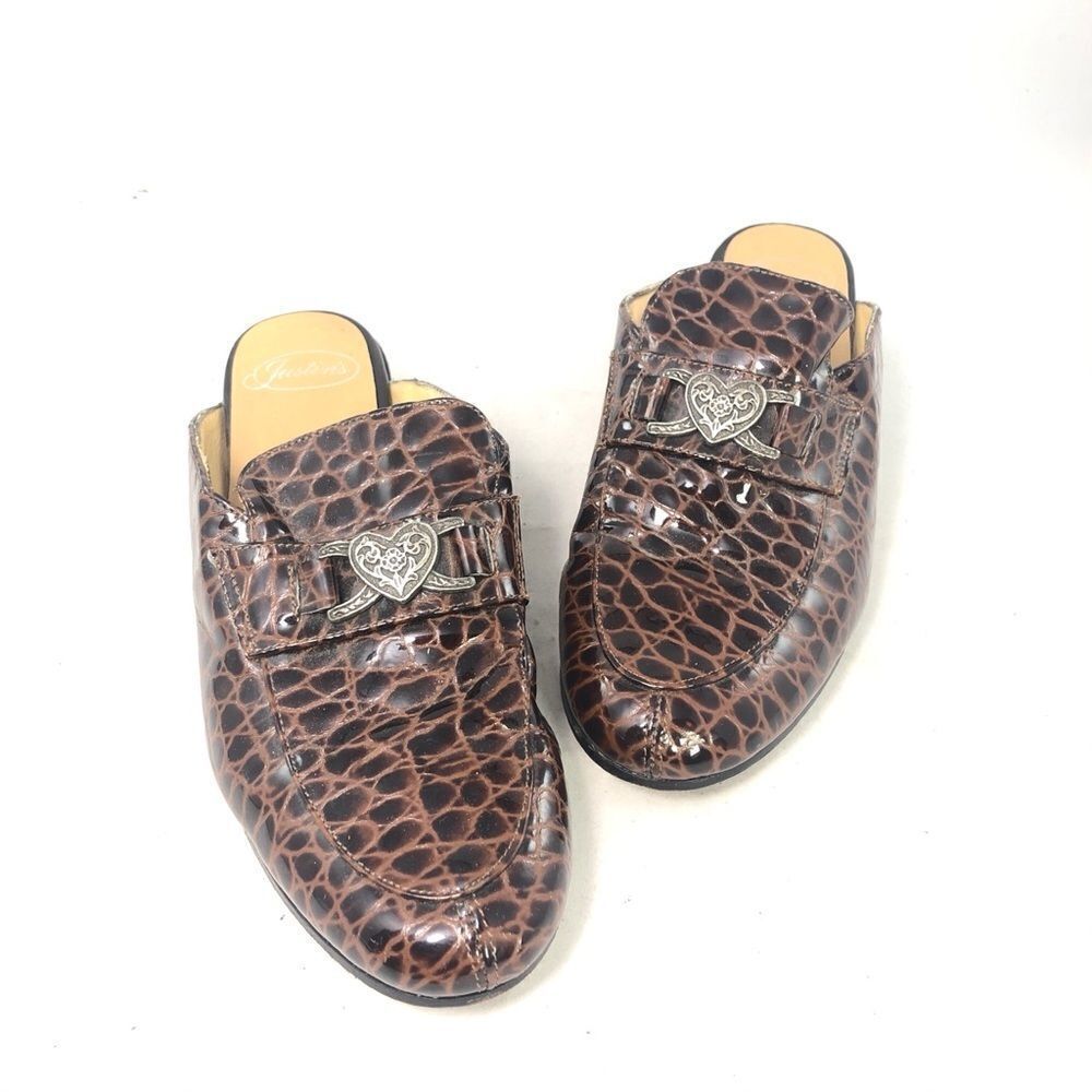 Justin's Croc Leather Brown Mules/Clogs, Size 7.5